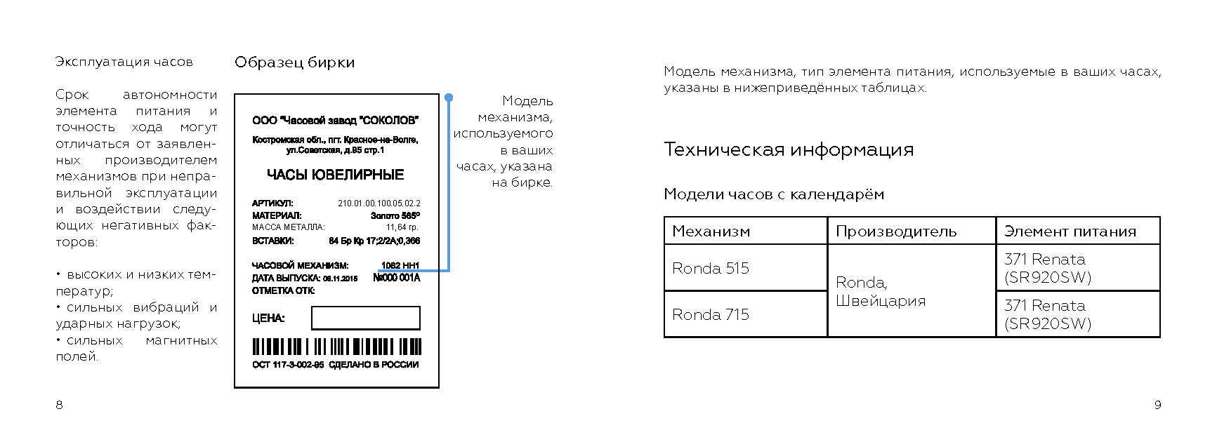 Технические паспорта и руководства для часов