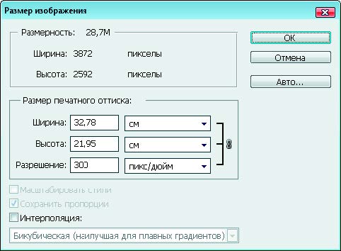 Рис. 1.72. Диалоговое окно Размер изображения с измененным разрешением (72 ppi)